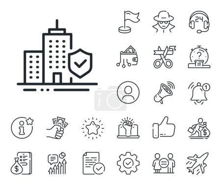 Illustration for Risk coverage sign. Salaryman, gender equality and alert bell outline icons. Apartment insurance hand line icon. Building protection symbol. Apartment insurance line sign. Vector - Royalty Free Image