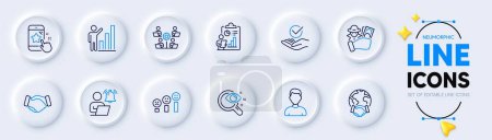 Illustration for Star rating, Teamwork and Approved line icons for web app. Pack of Customer satisfaction, Fraud, User notification pictogram icons. Handshake, Global business, Report signs. Vision test. Vector - Royalty Free Image