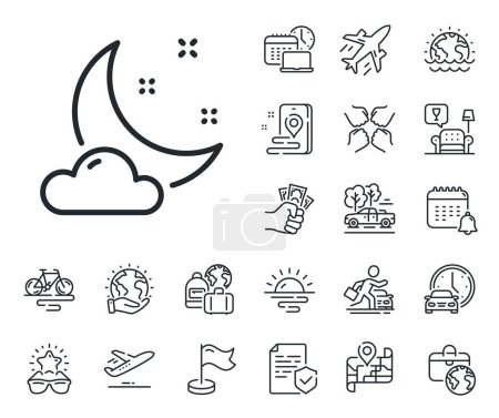 Illustration for Moon with cloud sign. Plane jet, travel map and baggage claim outline icons. Night weather line icon. Sleep symbol. Night weather line sign. Car rental, taxi transport icon. Place location. Vector - Royalty Free Image