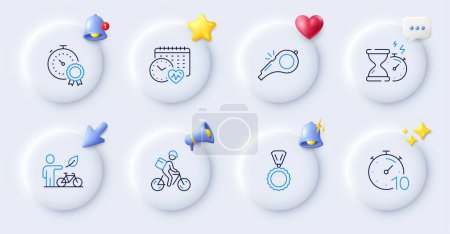 Illustration for Eco bike, Delivery bike and Best result line icons. Buttons with 3d bell, chat speech, cursor. Pack of Whistle, Medal, Timer icon. Hourglass timer, Cardio calendar pictogram. Vector - Royalty Free Image