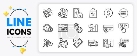 Illustration for Private payment, Cyber attack and Loan percent line icons set for app include Rejected payment, Free delivery, Credit card outline thin icon. Growth chart, Fraud, Buying pictogram icon. Vector - Royalty Free Image