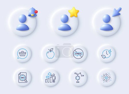 Illustration for Charging time, Chemical formula and Shopping cart line icons. Placeholder with 3d cursor, bell, star. Pack of Employee results, Seo file, Stop stress icon. Apple, Fireworks explosion pictogram. Vector - Royalty Free Image