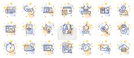 Illustration for Outline set of Timer, Repairman and Product knowledge line icons for web app. Include Qr code, Verified internet, Water analysis pictogram icons. Cloud server, Add photo, Delivery signs. Vector - Royalty Free Image