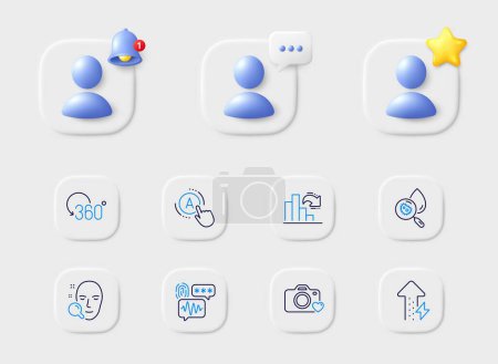 Illustration for Decreasing graph, Water analysis and Biometric security line icons. Placeholder with 3d star, reminder bell, chat. Pack of Full rotation, Ab testing, Photo camera icon. Vector - Royalty Free Image