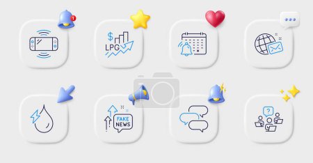 Illustration for Hydroelectricity, World mail and Rise price line icons. Buttons with 3d bell, chat speech, cursor. Pack of Game console, Notification calendar, Fake news icon. Vector - Royalty Free Image