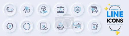 Illustration for Attention, Scroll down and Approved checkbox line icons for web app. Pack of Reject file, Winner podium, Cogwheel pictogram icons. Dollar target, Clipboard, Selfie stick signs. Sale. Vector - Royalty Free Image