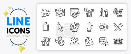 Illustration for Cursor, Seafood and World communication line icons set for app include Fake news, Wallet, Teamwork outline thin icon. Loyalty tags, Patient, Sale megaphone pictogram icon. Sports arena. Vector - Royalty Free Image