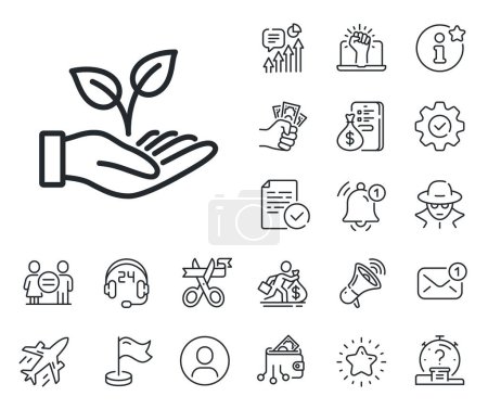 Illustration for Charity gesture sign. Salaryman, gender equality and alert bell outline icons. Helping hand line icon. Startup plant symbol. Helping hand line sign. Spy or profile placeholder icon. Vector - Royalty Free Image
