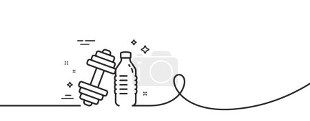 Illustration for Dumbbell with water bottle line icon. Continuous one line with curl. Workout equipment sign. Gym fit symbol. Dumbbell single outline ribbon. Loop curve pattern. Vector - Royalty Free Image