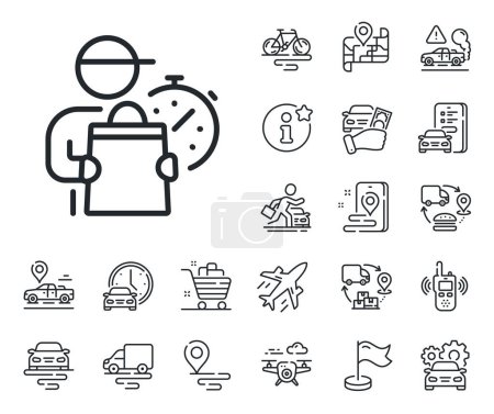 Illustration for Express courier sign. Plane, supply chain and place location outline icons. Delivery man line icon. Order delivery symbol. Delivery man line sign. Taxi transport, rent a bike icon. Travel map. Vector - Royalty Free Image