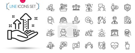 Illustration for Pack of Reception desk, People chatting and Leadership line icons. Include Yoga, Teamwork question, Inspect pictogram icons. Mental health, Analysis graph, Fever signs. Like, Feminism. Vector - Royalty Free Image