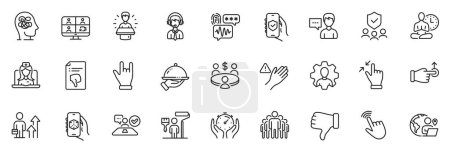 Illustration for Icons pack as Painter, Biometric security and Person talk line icons for app include Telemedicine, Yoga, Professional outline thin icon web set. Touchscreen gesture, Job interview. Vector - Royalty Free Image
