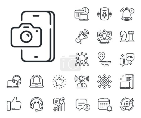 Illustration for Smartphone or Cellphone sign. Place location, technology and smart speaker outline icons. Phone photo line icon. Mobile accessories symbol. Phone photo line sign. Vector - Royalty Free Image