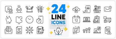 Illustration for Icons set of Puzzle, Stress and Credit card line icons pack for app with Instruction manual, New message, Web3 thin outline icon. Architectural plan, Video conference, Timer app pictogram. Vector - Royalty Free Image