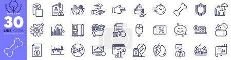 Illustration for Wind energy, Tickets and Paper wallpaper line icons pack. Recovery cloud, Discount banner, Sports arena web icon. Timer, Wash hands, Cogwheel pictogram. Night cream, Open door, Stock analysis. Vector - Royalty Free Image