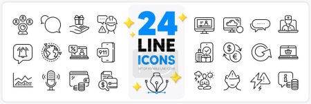 Illustration for Icons set of Loyalty program, Video conference and Info line icons pack for app with Yoga, Builder warning, Messenger thin outline icon. Trade infochart, Carry-on baggage. Design with 3d stars. Vector - Royalty Free Image