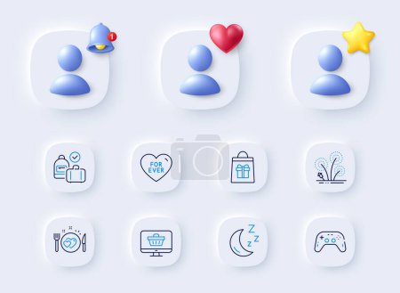 Illustration for Romantic dinner, Gamepad and Web shop line icons. Placeholder with 3d bell, star, heart. Pack of Fireworks, Moon, For ever icon. Holidays shopping, Carry-on baggage pictogram. Vector - Royalty Free Image
