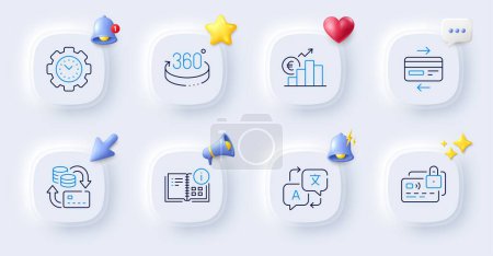 Illustration for 360 degrees, Card and Credit card line icons. Buttons with 3d bell, chat speech, cursor. Pack of Translate, Instruction info, Euro rate icon. Money change, Time management pictogram. Vector - Royalty Free Image