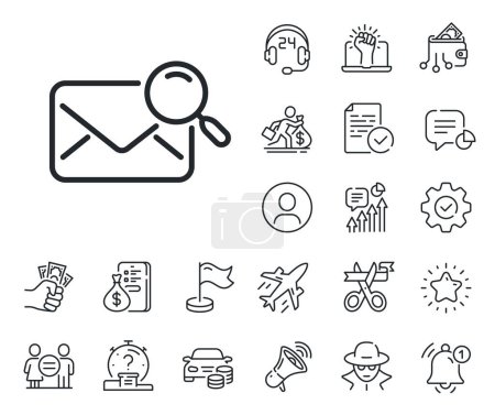Illustration for Find letter document sign. Salaryman, gender equality and alert bell outline icons. Search mail line icon. Magnify glass. Search mail line sign. Spy or profile placeholder icon. Vector - Royalty Free Image