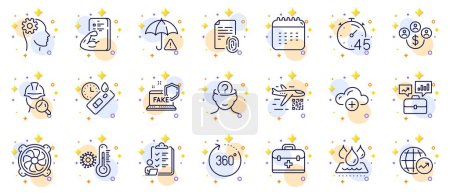 Illustration for Outline set of First aid, Fingerprint and Inspect line icons for web app. Include Thermometer, Timer, Calendar pictogram icons. Covid test, Risk management, Buying currency signs. Vector - Royalty Free Image