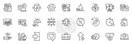 Illustration for Icons pack as Instruction manual, Dao and Spanner line icons for app include Login, House security, Dishwasher timer outline thin icon web set. Best laptop, Home insurance, Portfolio pictogram. Vector - Royalty Free Image