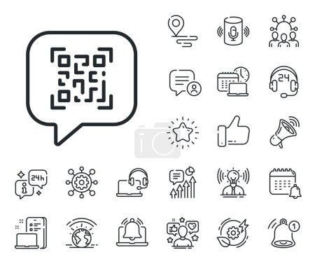 Illustration for Scan barcode sign. Place location, technology and smart speaker outline icons. Qr code line icon. Chat speech bubble symbol. Qr code line sign. Influencer, brand ambassador icon. Vector - Royalty Free Image