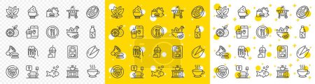 Illustration for Outline Orange, Leaf and Ice cream milkshake line icons pack for web with Gas grill, Coffee cup, Cappuccino cream line icon. Coffee maker, Food app, Pistachio nut pictogram icon. Crepe. Vector - Royalty Free Image