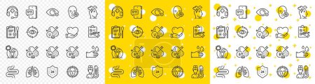 Illustration for Outline Face detect, Intestine and Medical support line icons pack for web with Folate vitamin, Rubber gloves, Myopia line icon. Lungs, 24 hours, Checklist pictogram icon. Thermometer. Vector - Royalty Free Image