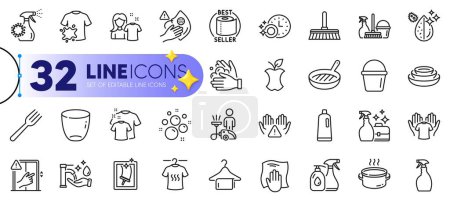 Illustration for Outline set of Clean hands, Glass and Dirty t-shirt line icons for web with Dry t-shirt, Clean bubbles, Fork thin icon. Dont touch, Washing cloth, Coronavirus spray pictogram icon. Vector - Royalty Free Image