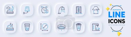 Illustration for Alarm, Ice tea and Takeaway coffee line icons for web app. Pack of Wall lamp, Night mattress, Stand lamp pictogram icons. Mattress, Circle area, Coffee machine signs. Door. Night clock. Vector - Royalty Free Image