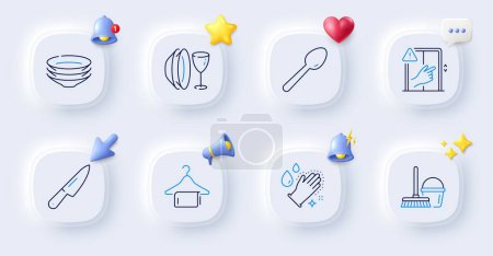Illustration for Bucket with mop, Dishes and Dont touch line icons. Buttons with 3d bell, chat speech, cursor. Pack of Washing hands, Dish plate, Knife icon. Spoon, Clean towel pictogram. For web app, printing. Vector - Royalty Free Image
