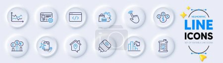 Illustration for Web settings, Oil barrel and Flights application line icons for web app. Pack of Buying currency, Charging adapter, Diagram chart pictogram icons. Food delivery, Cursor, Work home signs. Vector - Royalty Free Image