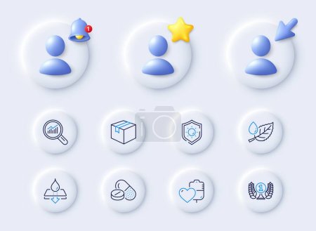 Illustration for Water resistant, Parcel and Leaf dew line icons. Placeholder with 3d cursor, bell, star. Pack of Medical drugs, Blood, Data analysis icon. Laureate award, Sun protection pictogram. Vector - Royalty Free Image