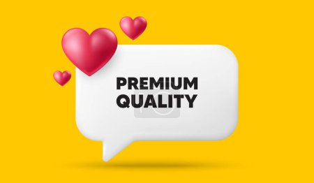 Illustration for Premium quality tag. 3d speech bubble banner with hearts. High product sign. Top offer symbol. Premium quality chat speech message. 3d offer talk box. Vector - Royalty Free Image