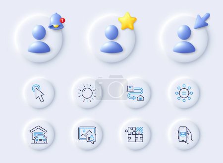 Illustration for Cursor, Garage and Ethics line icons. Placeholder with 3d cursor, bell, star. Pack of Sun energy, Like photo, Tracking parcel icon. Mail app, Puzzle game pictogram. For web app, printing. Vector - Royalty Free Image