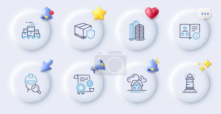 Illustration for Skyscraper buildings, Boxes pallet and Construction document line icons. Buttons with 3d bell, chat speech, cursor. Pack of Technical algorithm, Lighthouse, Building icon. Vector - Royalty Free Image