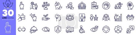 Illustration for Social distance, Search puzzle and Group line icons pack. Do not touch, Click hand, Disability web icon. Helping hand, Court jury, Farsightedness pictogram. Anxiety, Safe water, Discount. Vector - Royalty Free Image