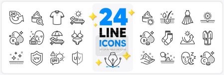 Illustration for Icons set of Uv protection, Skin care and Sleep line icons pack for app with Sun protection, Sun cream, Sunbed thin outline icon. Bathrobe, Face cream, Collagen skin pictogram. Lingerie. Vector - Royalty Free Image