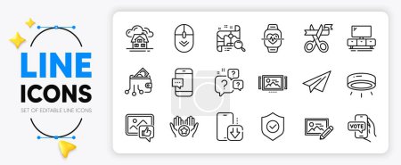 Illustration for Search map, Scroll down and Online voting line icons set for app include Cut ribbon, Digital wallet, Paper plane outline thin icon. Question bubbles, Building. Yellow 3d stars with cursor. Vector - Royalty Free Image