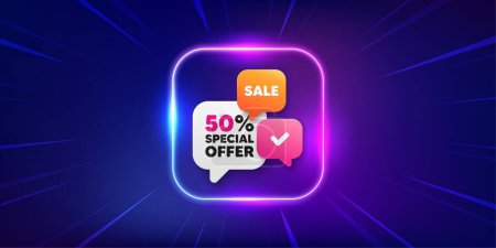 Illustration for Sale 50 percent banner. Neon light frame offer banner. Discount chat bubbles. Coupon offer icon. Offer 50 percent promo event flyer, poster. Sunburst neon coupon. Flash special deal. Vector - Royalty Free Image