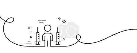 Illustration for Coronavirus two injections line icon. Continuous one line with curl. Corona vaccine syringe sign. Covid jab symbol. Coronavirus injections single outline ribbon. Loop curve pattern. Vector - Royalty Free Image