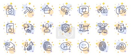 Illustration for Outline set of Notification bubble, Sleep and Fingerprint line icons for web app. Include Microphone, Voice assistant, Refresh bitcoin pictogram icons. Supply chain, Info, Online voting signs. Vector - Royalty Free Image