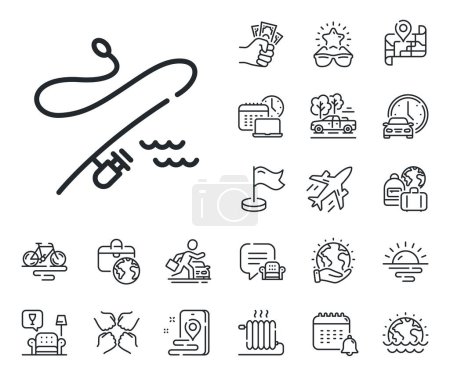 Illustration for Spinning fish-rod sign. Plane jet, travel map and baggage claim outline icons. Fishing rod line icon. Fish catch tackle symbol. Fishing rod line sign. Car rental, taxi transport icon. Vector - Royalty Free Image