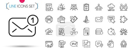 Illustration for Pack of Strategy, New message and Fake news line icons. Include Message, Chat bubble, Attachment pictogram icons. Recovery hdd, Checklist, Floor plan signs. Chemical hazard. Vector - Royalty Free Image