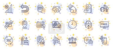 Illustration for Outline set of Refresh website, Location app and Outsource work line icons for web app. Include Fake news, Spanner, Clock pictogram icons. Timer, Electricity factory, Packing boxes signs. Vector - Royalty Free Image