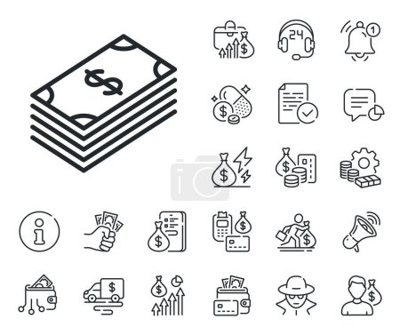 Illustration for Banking currency sign. Cash money, loan and mortgage outline icons. Cash money line icon. Dollar or USD symbol. Dollar line sign. Credit card, crypto wallet icon. Inflation, job salary. Vector - Royalty Free Image