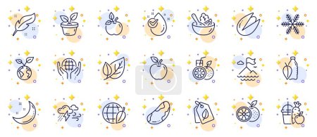 Illustration for Outline set of Leaves, Orange and Juice line icons for web app. Include Salad, Water bottle, Save planet pictogram icons. Bad weather, Feather, Bio tags signs. Apple, Leaf, Mountain flag. Vector - Royalty Free Image
