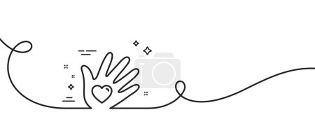 Illustration for Social responsibility line icon. Continuous one line with curl. Hand with heart sign. Charity symbol. Social responsibility single outline ribbon. Loop curve pattern. Vector - Royalty Free Image