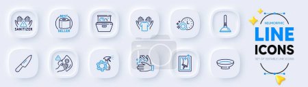 Illustration for Window cleaning, Dish and Dishwasher timer line icons for web app. Pack of Plunger, Toilet paper, Hold t-shirt pictogram icons. Dishwasher, Knife, Clean hands signs. Dirty mask. Vector - Royalty Free Image
