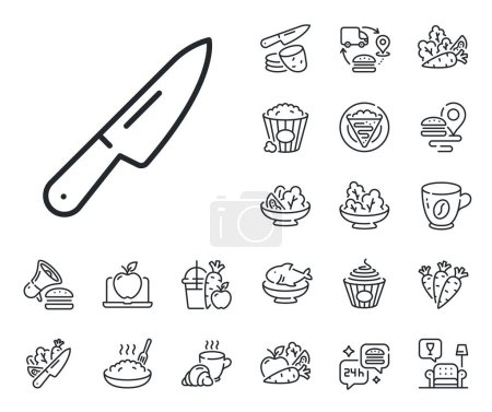 Illustration for Kitchen cutlery sign. Crepe, sweet popcorn and salad outline icons. Knife line icon. Kitchenware utensils symbol. Knife line sign. Pasta spaghetti, fresh juice icon. Supply chain. Vector - Royalty Free Image